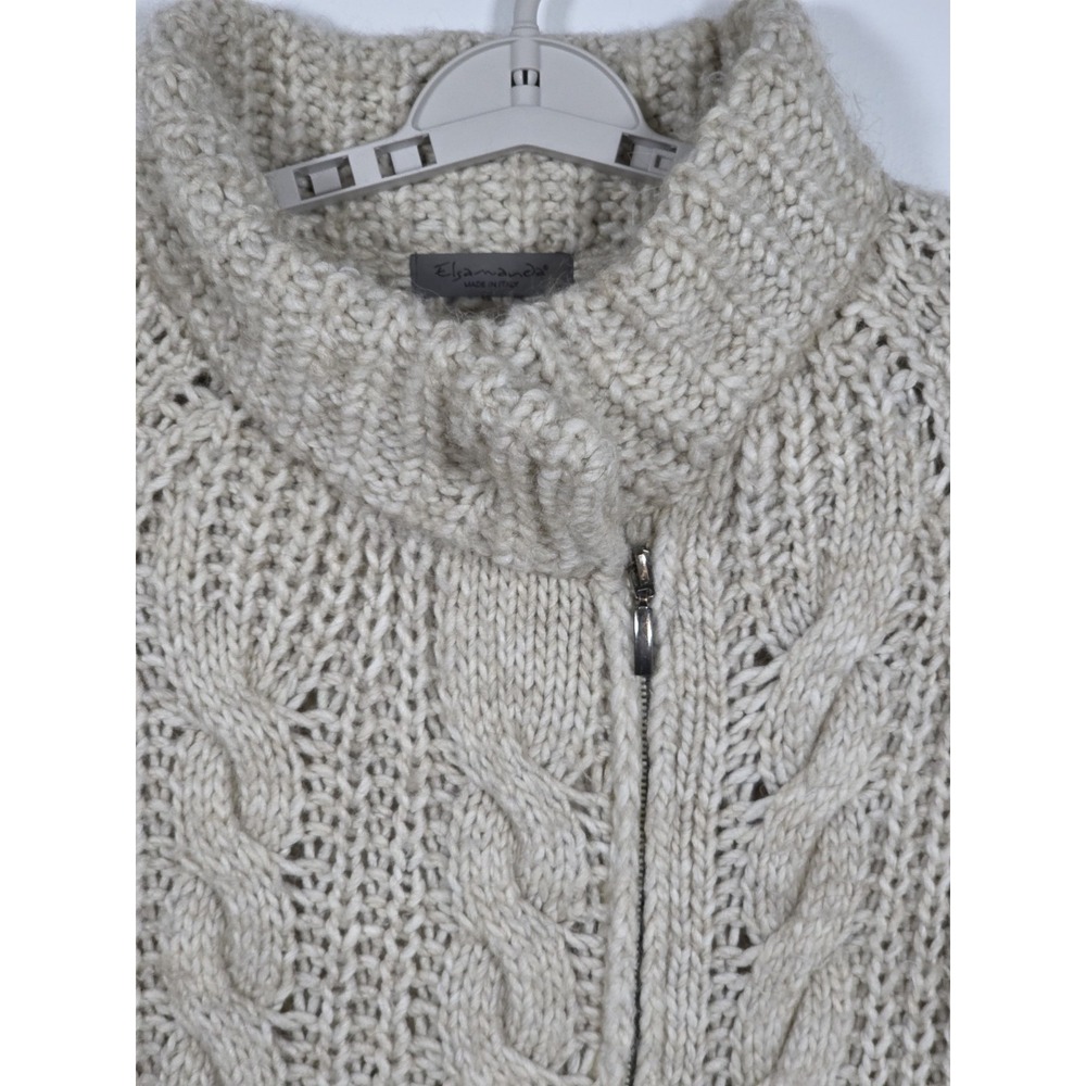 Elsamanda Women Large Cardigan Wool Alpaca Zip Cable Knit Sweater Beige Cozy - Picture 8 of 11
